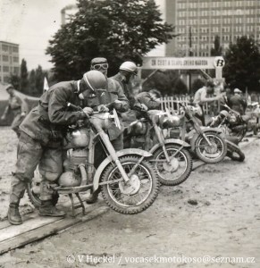 photo - a group of riders with Jawa Motorcycles in work area ISDT 1955 (©V Heckel)