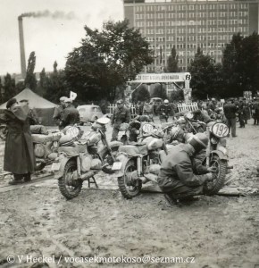 photo - #212 Josef Brabec Jawa 250 Czechoslovakia Gold medal #142 Per Oppegard 248 NV Holland Rtd Day 2 #192 Jaromir Holy 250 Jawa Czechoslovakia Silver Medal #127 Jaromir Cizek 248 Jawa Czechoslovakia in work area ISDT 1955 (©V Heckel)