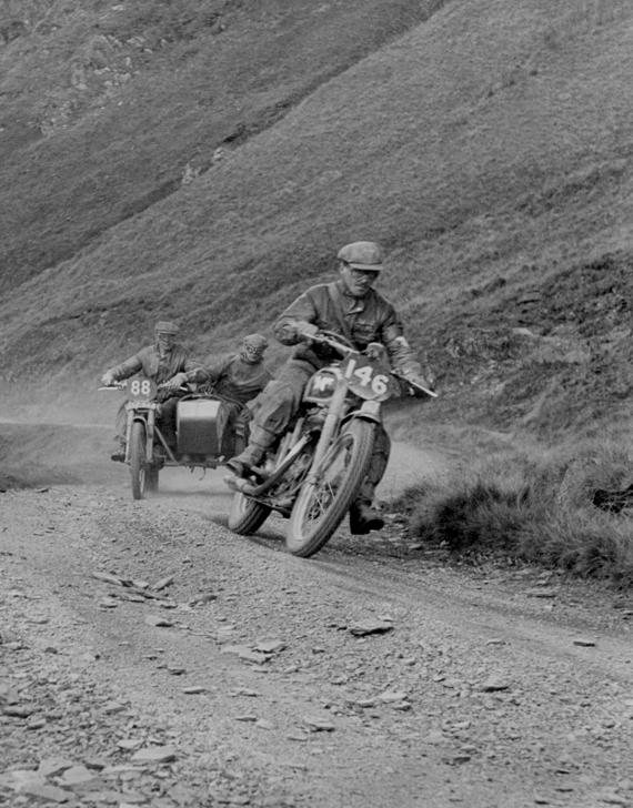 Photo - #146 Ted Usher (Matchless) climbs Bwlch y Groes followed by #88 A J Humphries (Norton sc) ISDT 1949 (Courtesy Deryck Wylde collection)