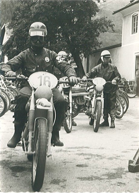 Photo - #16 Fausto Vergano 98cc Gilera Italy  'B' Silver Vase team Gold medal #17 Karl Wessel 97cc Hercules West Germany  Silver medal #18 Vaclav Vlk 100cc CZ Czechoslovakia Gold Medal ISDT 1960