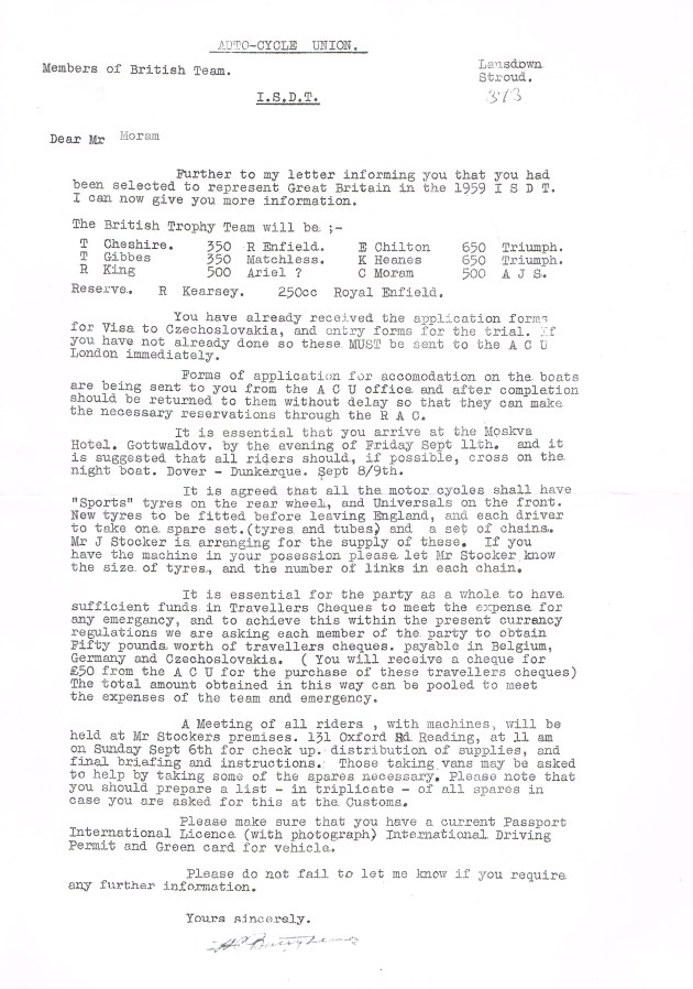 Image - scanned copy of Colin Moram's appointment letter to the British Trophy team ISDT 1959 (Colin Moram collection)