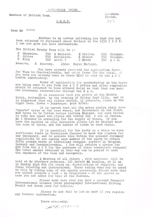 Image - scanned copy of Colin Moram's appointment letter to the British Trophy team ISDT 1959 (Colin Moram collection)