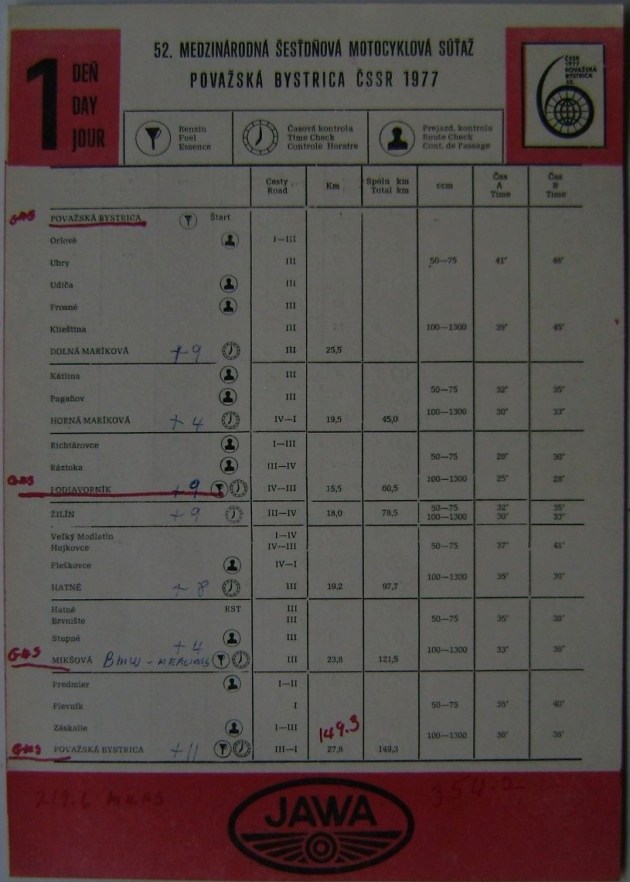 Photo - Timecheck Route schedule sheet Day 1 ISDT 1977