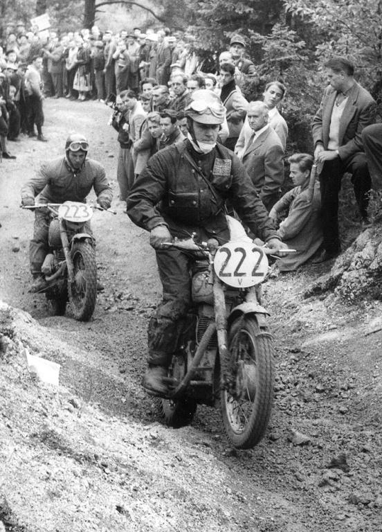 #222 Peter Stirland 346 Royal Enfield ( listed in Programme as GB Vase 'B' team but bearing a Trophy Team number plate followed by #223 Karl Zohrer on 282cc Puch for Austria Silver Vase 'A' team in the ISDT 1958 (courtesy Deryck Wylde collection)