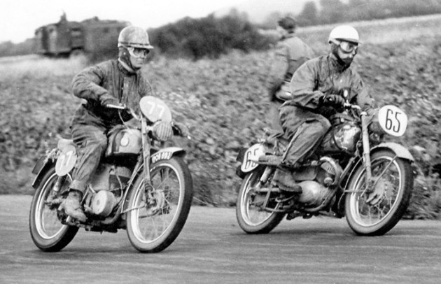 Photo - #77 PT Stirland on a factory 147 James with #65 G Leistner of Germany 171 Airdie ISDT 1954 (Courtesy Deryck Wylde Collection)