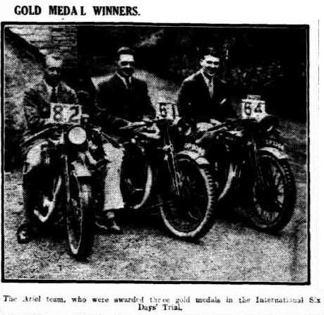 Image - scanned photo from 'the Advertiser' Adelaide 2 Aug 1928 of the Gold Medal winning Ariel team of #82 G B Proe 4.98hp Ariel #52 #64 at ISDT 1928