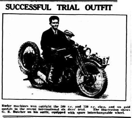 image - scanned photo in report in 'the Advertiser' Adelaide 19 Sep 1929 of GE Butcher on his Rudge Sidecar ISDT 1929