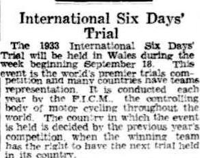 image - scanned article anouncing start of ISDT from theAdvertiser, Adelaide, Australia 6 July 1933 ISDT 1933