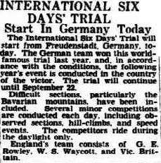 image - scanned article announcing the start of this years event in Germany in the Advertiser, Adelaide Australia 17 September 1936 ISDT 1936