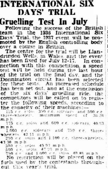 Image - scanned article in the Advertiser, Adelaide, Australia 1 April 1937 with some details of the event speed test ISDT 1937