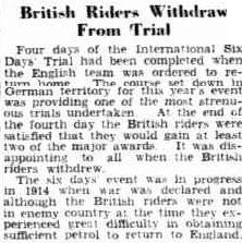 Image - scanned article from 'the Advertiser' Adelaide South Australia 12 October 1939 reports the abandonment of the British from the ISDT 1939 as the Second War World was commencing.