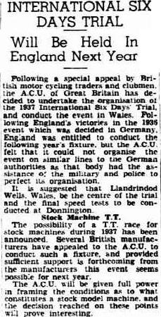 image - scanned article in 'the Advertiser' Adelaide South Australia provides an insight in to why the ACU decided to hold the ISDT 1937