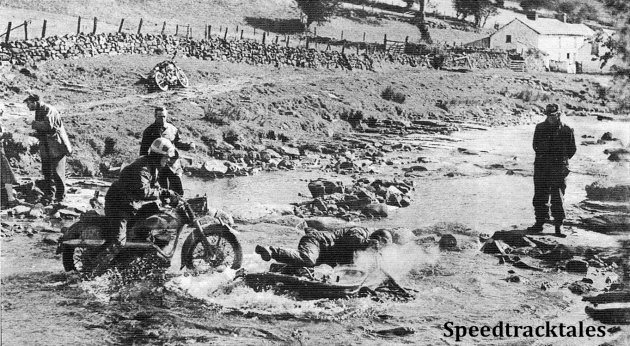 photo - trouble at the Blaenedd fod on the third day's run. In the water is JH Wright (348 BSA) of Britain and trying to pass is SFS Bande (246 NV), of Sweden ISDT 1954 (Speedtracktales Archive)
