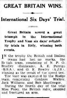 image - scanned article in Brisbane Courier, Queensland, Australia 13 October 1932 ISDT 1932