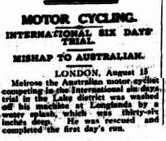 Image - scanned report in Cairns Post 17 Aug 1927 reporting how Australian rider Melrose was washed off his bike at Longlands in 36