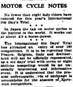 image - scanned article in Canberra Times, Australia 31 Dec 1926 commenting on the economic issues in Europe impacting on entry numbers to the ISDT 1927