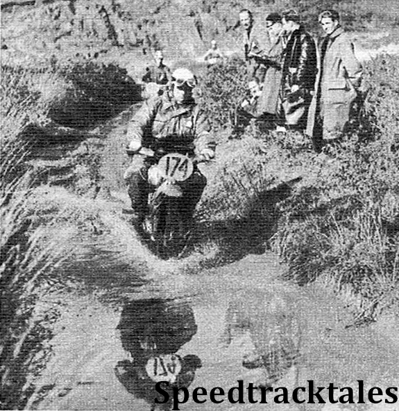 photo - Deep water was encountered on many parts of the Eppynt Artillery range. The leading rider is #174 O. Haas (247 NSU). Behind him is L Erlandsson (174 Husqvarna), of Sweden ISDT 1954 (Speedtracktales Archive)