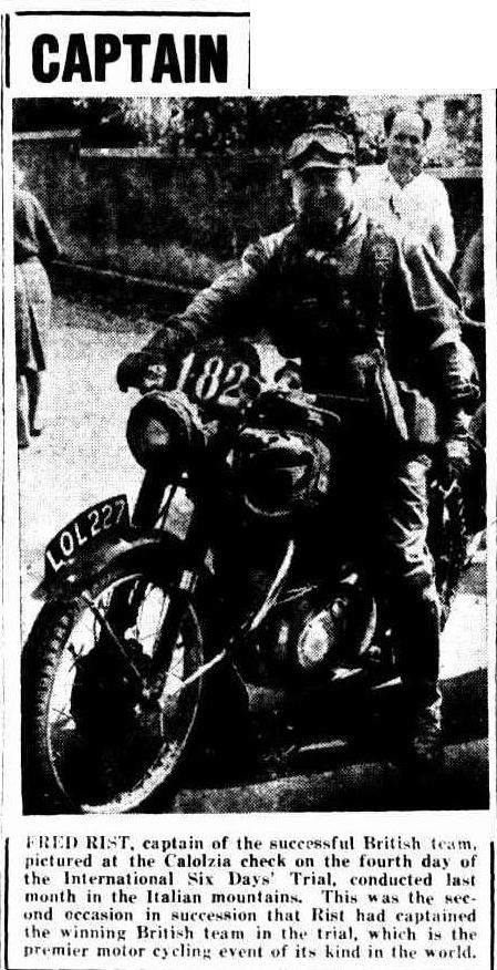 image -scanned photo in 'the Examiner' Launceston, Tasmania featuring British Army team captain Fred Rist seen at the Calolzia check on the 4th day of the ISDT 1951
