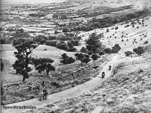 photo - Riders strive to make up time on a tarmac section of the route. Here, near Forest Lodge, above the Senni Valley, J.Pudil (148 Jawa) of the Czech Trophy team , is followed by M. Rive (124 Rumi), of the Italian Vase 'A' team, and G. Bodmer (174 DKW), of the German Vase 'B' team ISDT 1954 (Speedtracktales Archive)