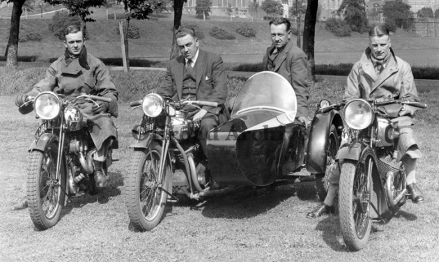 Photo - GB Trophy Team L to R, Bert Perrigo (BSA Sloper), Harry Perrey and Passenger, Eric Pearson, with the Ariel Square Four outfit and George Rowley with the short-lived AJS 496cc transverse side-valve twin. ISDT 1931 (Courtesy Deryck Wylde collection)