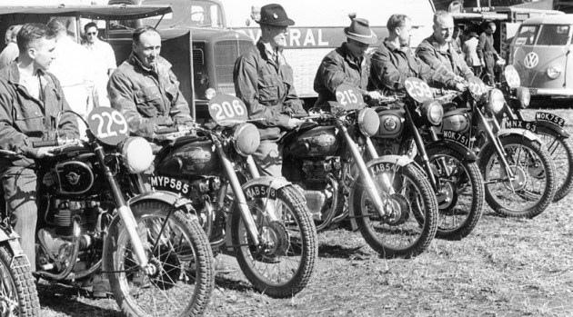 Photo - L to R - British rider line up Dick Clayton (Matchless), Don Evans (500 Royal Enfield twin), John Brittain (500 Royal Enfield twin), David Tye (BSA ), Peter Hammond (Triumph) and Tom Ellis (BSA). ISDT 1952 (courtesy Deryck Wylde collection)