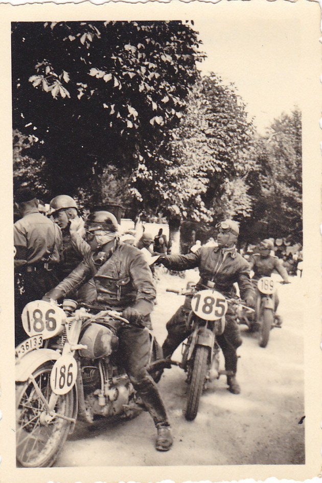 photo - German riders #185 R Knees NSU 250 #186 K Thumshirn Ardie 246 #189 W Reinhardt BMW 597 in Salzburg during the ISDT 1939