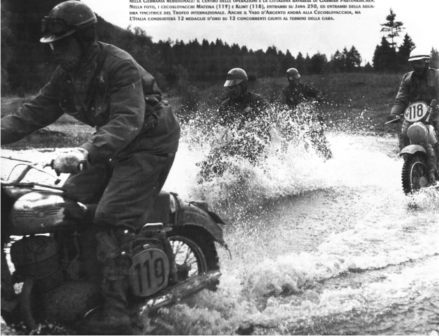 Photo - #119 Mateika of the Czech Trophy team is follwoed by #118 Klimt of the Czech Vase team both on Jawa 250 machines ISDT 1958