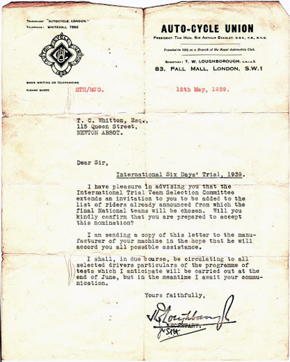 Image of Tom Whitton's appointment to the British Team from the ACU ISDT 1939 (Courtesy Whitton Family Collection)