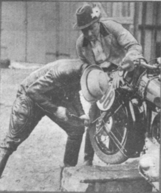 Photo of German riders preparing bike ISDT 1937