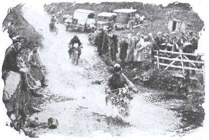 Image of #23 JJ van Kooten (Harley Davidson) and WF Newsome (Humber) & CW Hough (AJS) at the Longlands Splash ISDT 1927