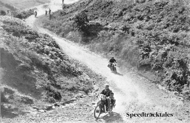 Photo of rider #14 followed by #12 on Whitehorse Hill ISDT 1928 (from Speedtracktales Archive)
