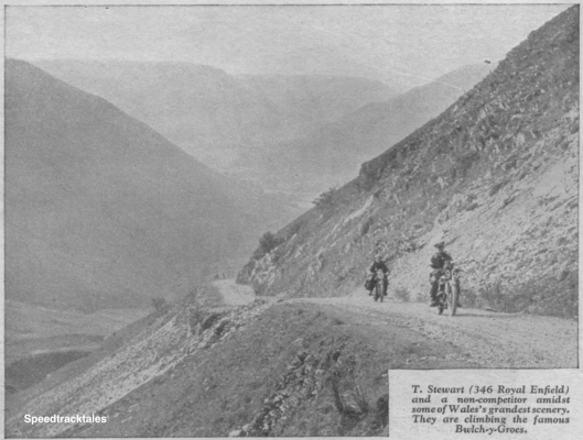 Photo – #96 T Stewart (346cc Royal Enfield) and a non-competitor amidst some of Wales’s grandest scenery. They are climbing the famous Bwlch y Groes. ISDT 1933 (from Speedtracktales Archive)