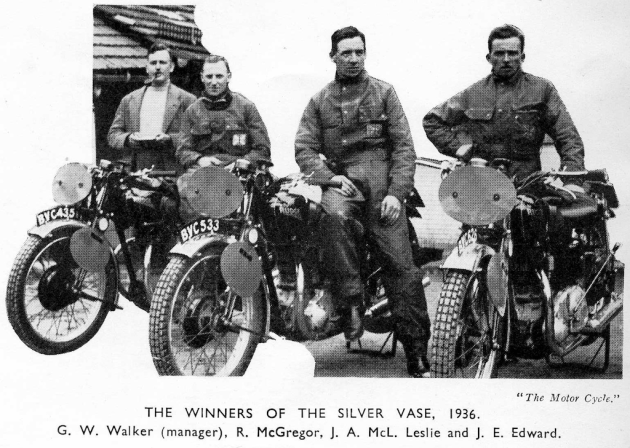 Photo – scanned image of International Silver Vase winning team from Great Britain of G.W Walker (manager) R McGregor, J.A McLeslie and J.E Edward from ‘the Motor Cycle’ via the 1937 programme (courtesy of the Wryan Collection) ISDT 1936