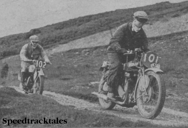 Photo #101 J Leslie (499cc Rudge) leading JJ Booker (346cc Royal Enfield) across the Tregaron Pass on the Wednesday ISDT 1937 (from Speedtracktales Collection)