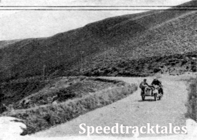 Photo - The twisty climb of the 'Sugar Load" was part of Wednesday afternoon's run. Here is P Oettinger (593 NSU sc) Germany with his passenger at the ready for the next bend ISDT 1937 (Speedtracktales Collection)