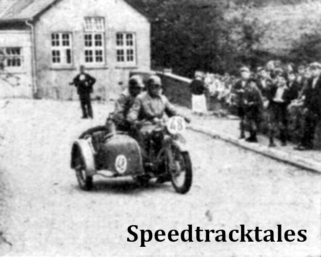 Photo - School Children watching P Scähfer (596 Victoria sc) at White Mill corner on the fourth days run/ Even on Ordinary main road corners the German sidecar passengers often went in for Acrobatics ISDT 1937 (Speedtracktales Collection)