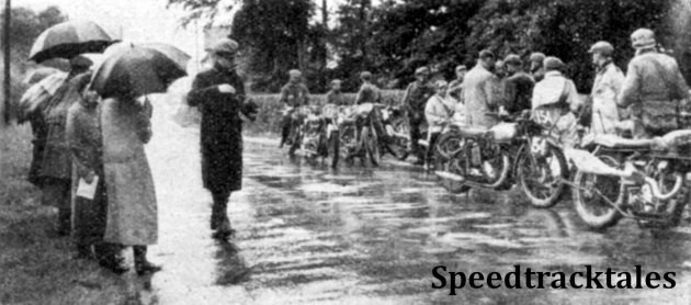 Photo - IN the check in the rain - a scene at Senni Bridge on the fifth day's run. Among the competitors are WT Tiffen (348 Velocette), EM Stephens (349 Triumph) and H Major (490 Norton) ISDT 1937 (Speedtracktales Collection)