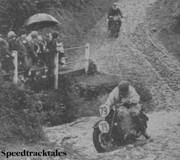 Photo #79 Georg Maier (494cc BMW) of the German Trophy Team crossing a watersplash followed by A Sanders (498cc Coventry Eagle) ISDT 1937 (from Speedtracktales Collection)