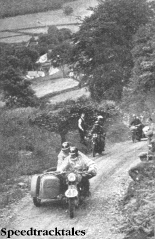Photo - With his pillion passenger 'legally' on the pillion, #40 W Krabiell (NSU sc) of Germany leads M van der Berg (Puch) of Holland, and L Ravenhall (Levis sc) up Alt-y-Bady ISDT 1937 (Speedtracktales collection)