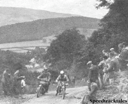 Photo - H McKee (Levis) makes use of his superior power to pass L.Breeman (DKW) of Holland, who sits side-saddle ready at any moment to push. ISDT 1937 (Speedtracktales collection)