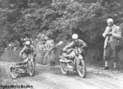 Photo - The little 98cc DKWs found the Alt-y-Bady a difficult climb. Here are #10 Heusden and #13 W. Zylaard, the Dutchmen, helping their modles up the hill ISDT 1937 (Speedtracktales collection)