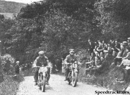 Photo - Jack Williams (Norton) of our Vase 'A' team abreast of T. Robbins (Ariel) as they climb Alt-y-Bady. ISDT 1937 (Speedtracktales collection)
