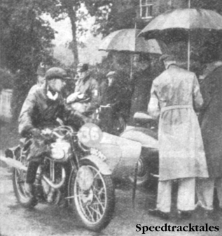 Photo - The weather conditions on the Monday can be guaged from this scene at the first check, a few minutes after the start. #36 AC Kelly (Norton sc) is seen checking in. ISDT 1937 (Speedtracktales collection)