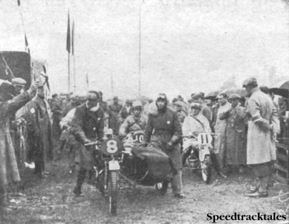 Photo - LEC Hall (Rudge sc) receives the starter's signal. Behind him are #10 the Dutchman Heusden (DKW) and #11 F Ischinger (DKW) from Germany. ISDT 1937 (Speedtracktales collection)