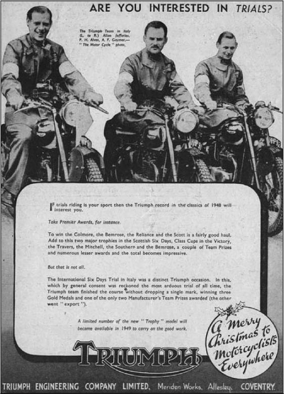 Advert promoting the success of the Triumph Trophy and Spped Twin in the ISDT 1948