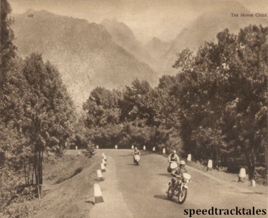 Photo - Majestic scenery at Piedmuler: S Mazzola (CZ) leads N. Biasci (Vespa) and D.Mazzancini (Vespa) ISDT 1951 (speedtracktales archive)