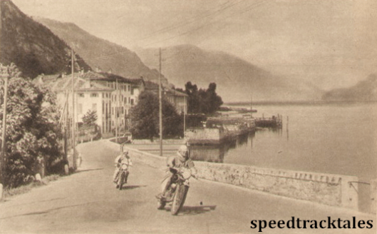 Photo - Fast riding by placid Lake Como: B.H.M Viney (AJS of the British Trophy team leads D. Evans (Ariel) ISDT 1951 (speedtracktales archive)