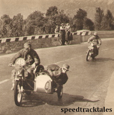Photo - Fine action shot of #48 FH Whittle (Panther sc) near Vogogna. Following the Panther is U. Cervani (Matchless) ISDT 1951 (speedtracktales archive)