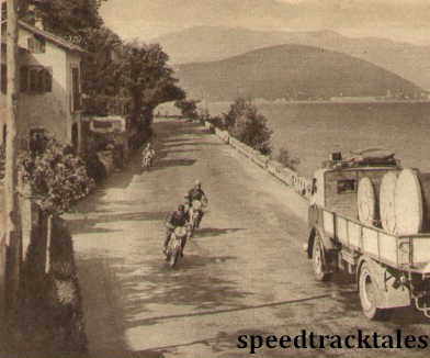 Photo - By Lake Maggiore. S Cymyral (Puch) is closely followed by PT Hammond (Triumph)ISDT 1951 (speedtracktales archive)