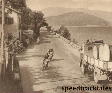 Photo - By Lake Maggiore. S Cymyral (Puch) is closely followed by PT Hammond (Triumph)ISDT 1951 (speedtracktales archive)